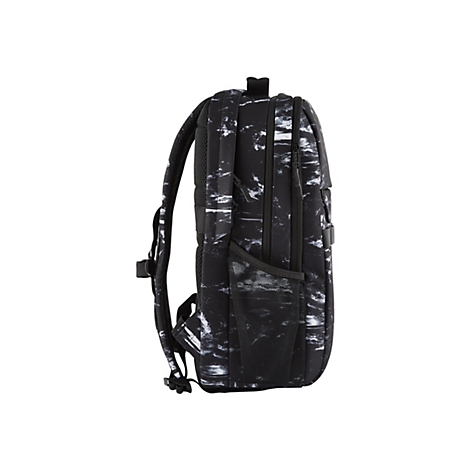Schwarzer Rucksack mit weiÃŸem Muster, Detailansicht. Zwei Trageriemen, Seitenfach.
