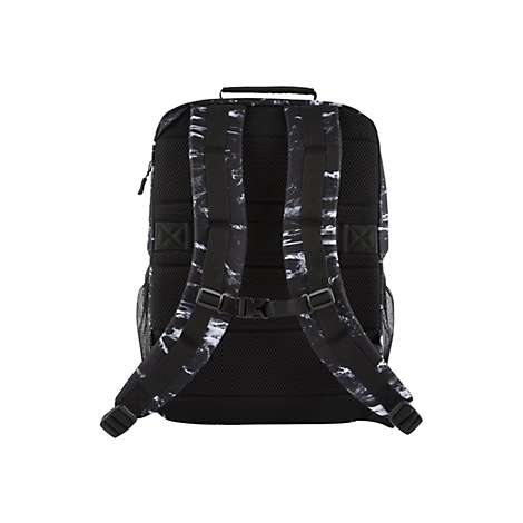 Schwarzer Rucksack mit weiÃŸem Muster. Auf der RÃ¼ckseite sind verstellbare Gurte und ein Brustgurt zu sehen.