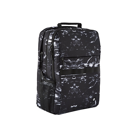 Schwarzer Rucksack mit weiÃŸem Marmormuster und schwarzem Griff, auf weiÃŸem Hintergrund.
