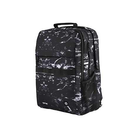 Schwarzer Rucksack mit weiÃŸem Marmormuster. Er hat eine obere Trageschlaufe und Seitentaschen.