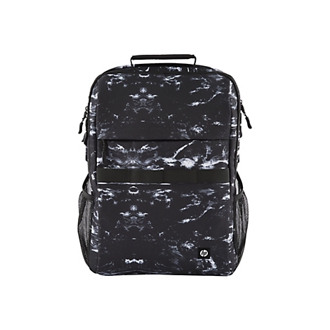 Schwarzer Rucksack mit weiÃŸem Marmormuster. Er hat eine Fronttasche, Seitentaschen und einen Tragegriff.
