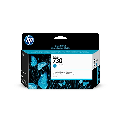 Cartouche d'encre HP DesignJet 730, cyan. Impression avec des papillons devant un fond noir.