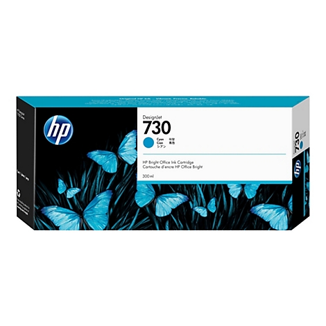 Une cartouche d'encre bleue HP avec des papillons. Les textes 'Designjet 730', 'Cyan' et 'HP Bright Office Ink Cartridge' sont imprimés.