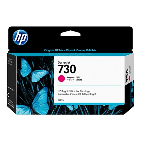 Une cartouche d'encre magenta HP DesignJet 730. L'emballage présente des papillons bleus sur un fond noir.