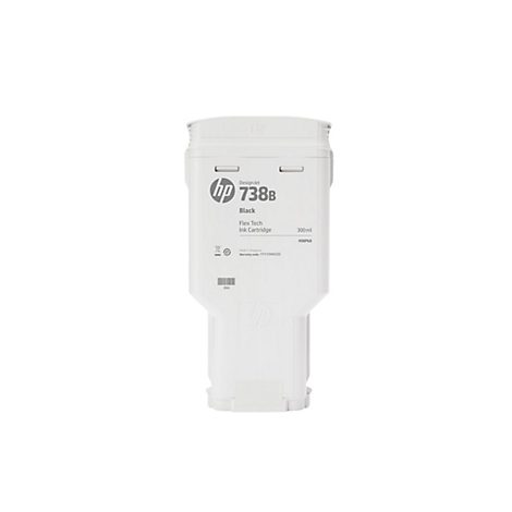 Cartouche d'encre noire HP DesignJet 738B, Flex Tech, 300 ml. Inscription: Black. Photo du produit sur fond blanc.