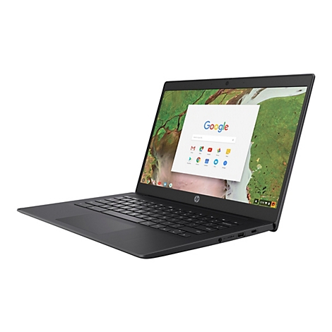 Schwarzer Laptop, geöffnet. Auf dem Bildschirm ist die Google-Startseite zu sehen. Das HP-Logo befindet sich unterhalb des Bildschirms.
