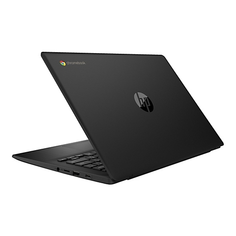 Ein schwarzes Chromebook-Laptop, leicht geöffnet. Oben links das Chromebook-Logo, und auf der Rückseite das HP-Logo.