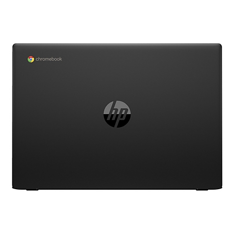 Dunkles Notebook, HP Logo mittig, Chromebook Logo links oben.