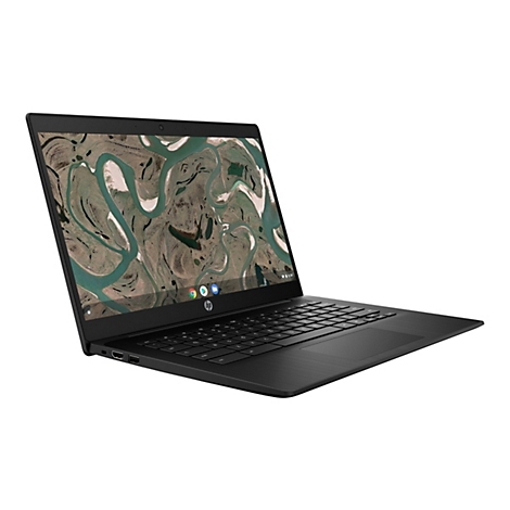 Schwarzer Laptop, leicht von oben gesehen. Bildschirm zeigt eine Landschaft, im Hintergrund weiß.