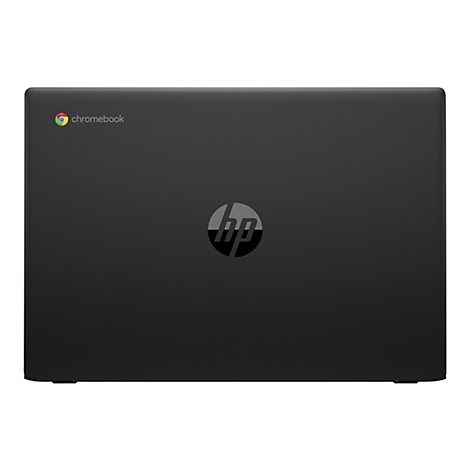 Schwarzes Chromebook Laptop, HP Logo, gepunktete Oberfläche.