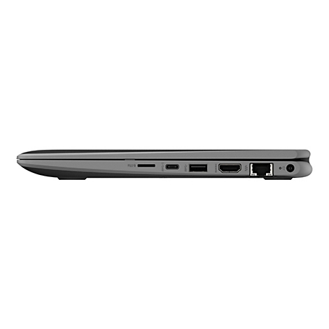 Grauer Laptop von der Seite. Anschlüsse: MicroSD, USB-C, USB, HDMI, LAN, Klinke. Abgerundete Kanten.