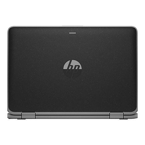 Dunkelgraues HP-Laptop-Cover mit HP-Logo, einem dünnen weißen Strich und kleinen weißen Punkten.
