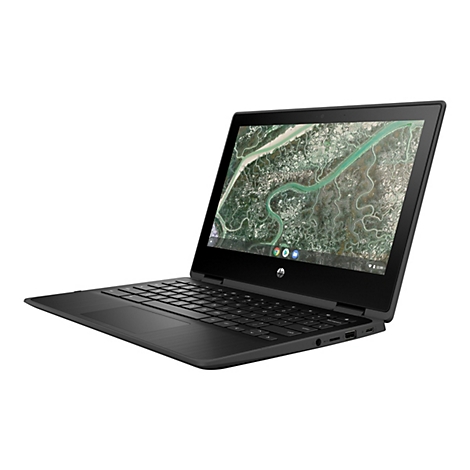 Schwarzes HP Chromebook. Geöffnet, Bildschirm zeigt Karte, Tastatur sichtbar. HP-Logo unten.