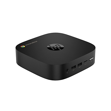 Schwarzer HP Chromebox-Computer, HP-Logo in der Mitte, Anschlüsse an der Vorderseite.