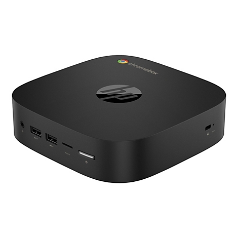 Schwarzer HP Chromebox-Computer mit Chromebox-Logo, HP-Logo, Anschlüssen.