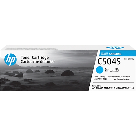 HP toner cartridge C504S, product image in front of a background with water and stones.