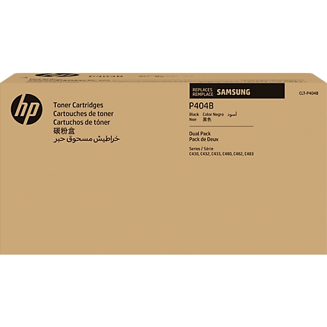 Brown cardboard box with HP logo and product information for toner cartridges, including product name P404B, dual pack.