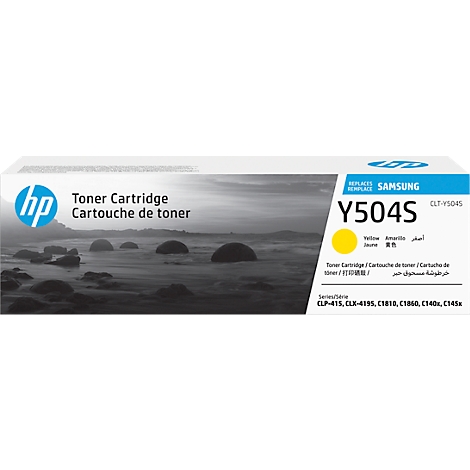 Yellow HP Y504S toner cartridge against a bleak background. Printed: Toner Cartridge, Samsung, Y504S.