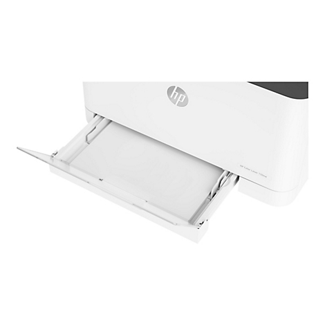 Weißer HP Color Laser 150nw Drucker mit offenem Papierfach, HP Logo.