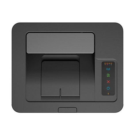Draufsicht eines schwarzen Druckers. Rechts befinden sich Bedienknöpfe mit Symbolen wie WLAN, Drucken, Abbruch und Strom.