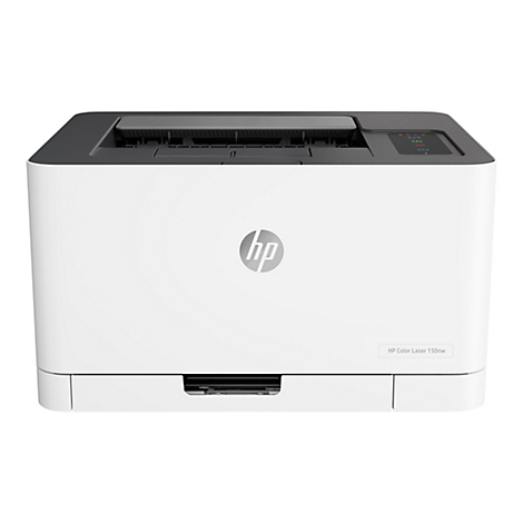 Weißer HP Color Laser 150nw Drucker. Das HP Logo befindet sich mittig. Auf der Oberseite ein Bedienfeld.