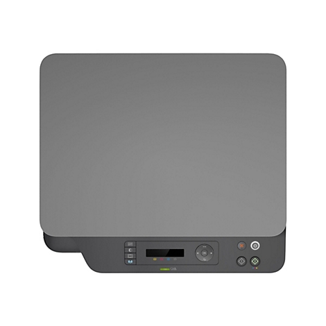 Draufsicht auf einen grauen Drucker. Auf der Oberfläche befinden sich Bedienelemente und ein Display. Der Rand ist abgerundet.