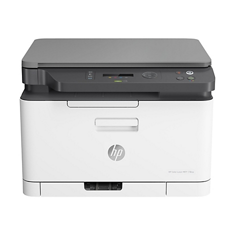 Ein weißer HP Color Laser MFP 178nw Drucker mit dunkelgrauem Deckel und Bedienfeld. Auf dem Gehäuse ist das HP Logo zu sehen, daneben steht HP Color Laser MFP 178nw.