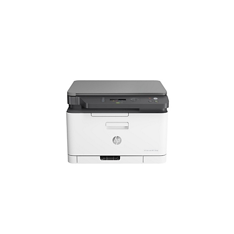 Ein weiß-grauer HP-Farblaserdrucker vor weißem Hintergrund. Oben ein Bedienfeld, darunter ein Papierausgabeschlitz.