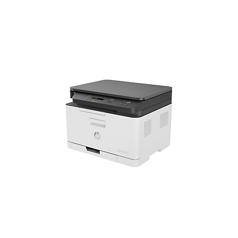 Ein weiß-grauer HP-Farblaserdrucker vor weißem Hintergrund. Der Drucker hat einen grauen Deckel und das HP-Logo.