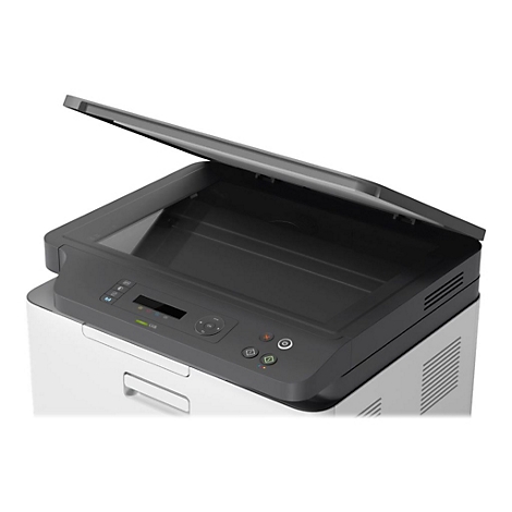 Draufsicht auf einen Drucker mit geöffnetem Deckel. Schwarz-graues Design, weißer Sockel. Knöpfe und Anzeige vorne.