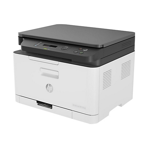 Weiß-schwarzer HP-Farblaserdrucker; das HP-Logo ist auf der Vorderseite zu sehen. Der Drucker steht auf einem weißen Hintergrund.