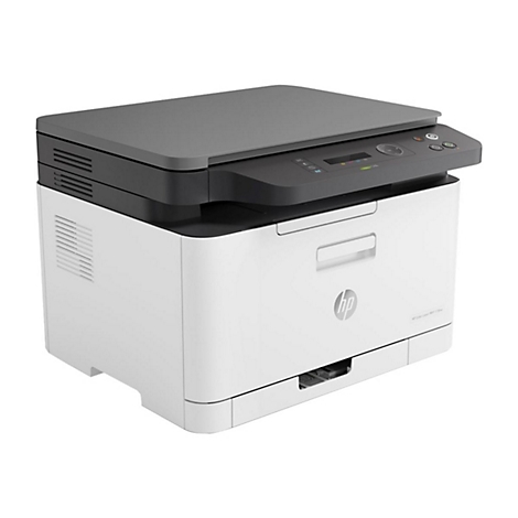 Weißer HP-Farblaserdrucker, grau abgesetzt. Druckertyp mit Papierauswurf und Bedienfeld.