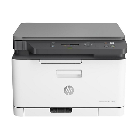 Weißer HP-Farblaserdrucker mit grauem Deckel. Auf der Vorderseite befindet sich das HP-Logo. Schriftzug: HP Color Laser MFP 178nw.