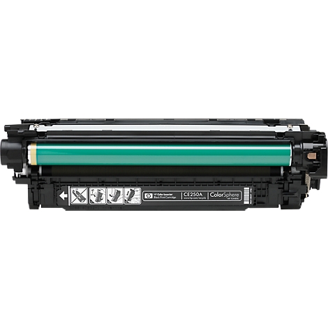 Close-up van een printercartridge met een groene cilinder, zwart-grijze elementen en de tekst CE250A en ColorSphere.