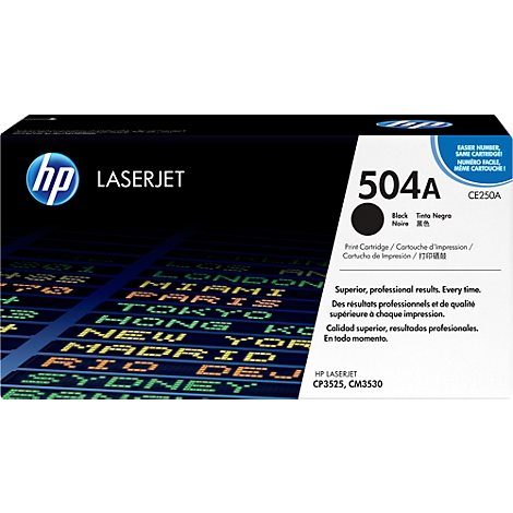 HP LaserJet-Tonerpatrone 504A in Schwarz, auf Verpackung. Schwarzer Kreis, Produktbezeichnungen, internationale Städtenamen.