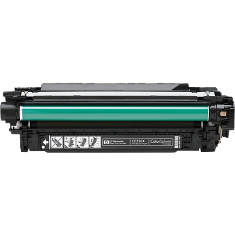 Een zwarte tonercartridge met een groene cilinder. Op de cartridge staat CE250X en ColorSphere.