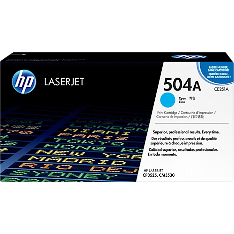 Eine HP Laserjet Druckerpatrone 504A in Cyan. Aufschrift mit technischen Daten und Slogan.
