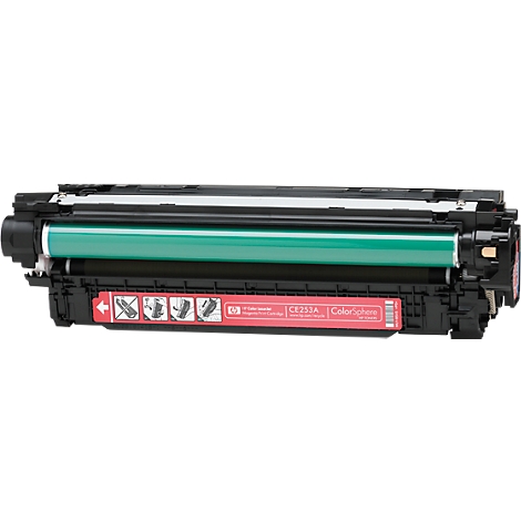 Eine schwarze und grüne Druckerpatrone mit roter Beschriftung. Aufschrift CE253A ColorRich.