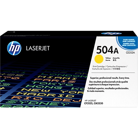Eine HP Laserdrucker-Kartusche, gelb. Aufschrift: 504A, CE252A, Yellow/Jaune/Amarillo. Texte in verschiedenen Sprachen.