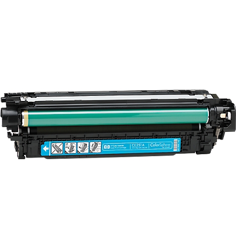 Eine Tintenpatrone von HP. Sie ist schwarz, mit einer grünen Walze und einem hellblauen Etikett, auf dem „CF251A ColorSphere“ steht.
