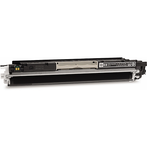 Zwarte tonercartridge met grijze en lichte accenten. Gedrukte tekst: CE310A.