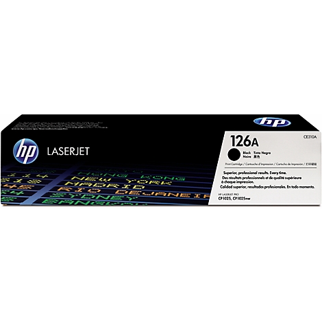 Eine schwarze HP 126A Tonerkartusche mit Aufdrucken und dem HP Logo.