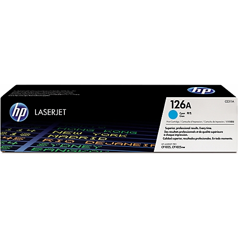 HP LaserJet 126A Cyan-Tonerkartusche. Auf schwarzem Hintergrund Schriftzüge und ein blaues HP-Logo. Text: "126A, Cyan".