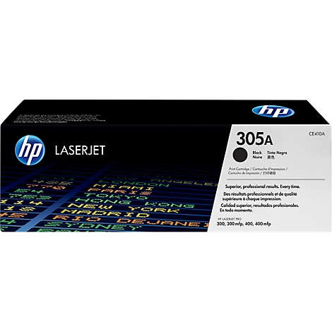 Schwarze HP 305A Toner-Kartusche. Aufschrift: HP LASERJET und internationale Städte auf blauem Grund.