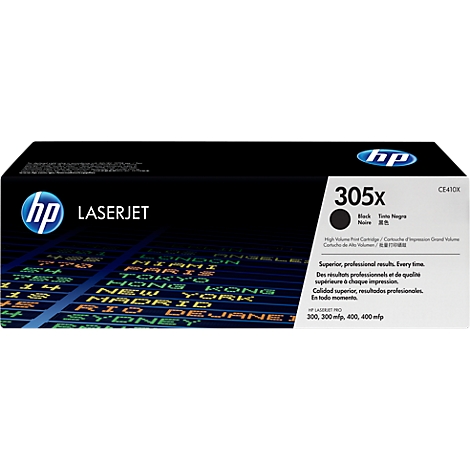 Schwarze HP 305X Toner-Patrone. Aufschrift: LaserJet, 305X, Black, hoher Ertrag.