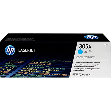 Eine blaue HP-LaserJet-Tonerkartusche mit der Aufschrift 305A. Auf dem Karton sind globale Flughafennamen abgebildet.