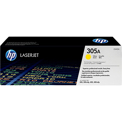 Schwarzer HP-Laserdruckerpatronen-Karton mit Logo und Text: 305A Yellow. Aufschrift: Superior, professional results.