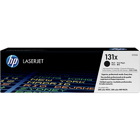 Zwarte HP 131x tonercartridge. Tekst op de doos: LaserJet, High Volume Print Cartridge.