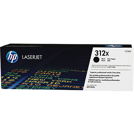 Schwarze HP 312x Tonerkartusche mit dem Text 'LASERJET' und 'CF380X' auf der Verpackung.