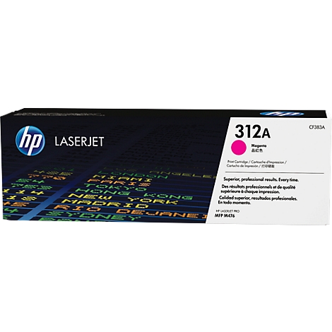 Eine HP LaserJet Tonerkartusche in einer Magenta-Farbe. Aufdrucke: „312A“, „Magenta“ und der HP-Schriftzug.